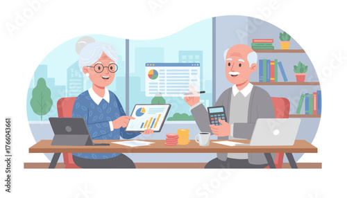Focused elderly couple diligently managing home finances at a desk with laptops, tablets, calculators, and stacks of coins, symbolizing financial planning and retirement management in a modern office