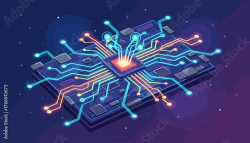 Vibrant futuristic electronic circuit board with a glowing central processor and illuminated data pathways, set against a dark, star-speckled cosmic background, symbolizing advanced technology and