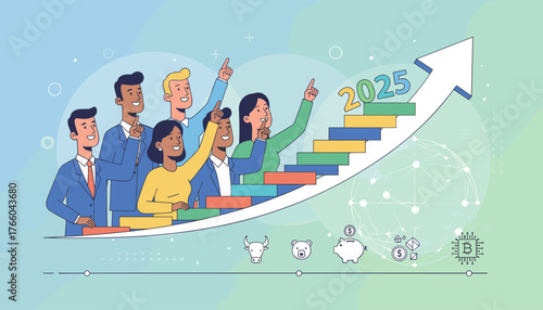 Diverse team of professionals pointing upwards towards a rising arrow graph labeled 2025, symbolizing business growth, financial success, and future goals, with bull, bear, piggy bank, and