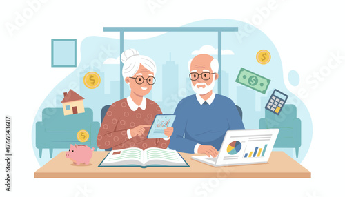 Elderly couple focused on managing home finances, reviewing charts and graphs on a tablet and laptop, surrounded by financial symbols like coins, banknotes, and a piggy bank, symbolizing retirement