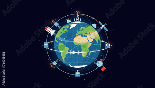Vibrant illustration of Earth encircled by a global network of satellites, communication towers, and data transfer lines, symbolizing international connectivity, space exploration, and digital