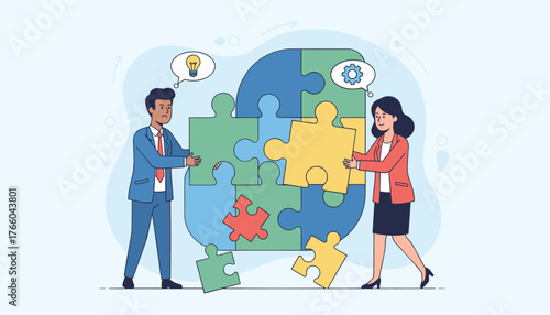 Diverse business professionals, a man and a woman in suits, collaborate to assemble a large, colorful jigsaw puzzle, symbolizing teamwork, partnership, problem-solving, and achieving goals together