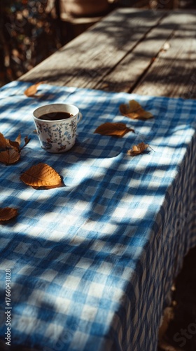 Coffee on a Blue Checkered Table With Fallen Leaves in a Cozy Autumn Setting