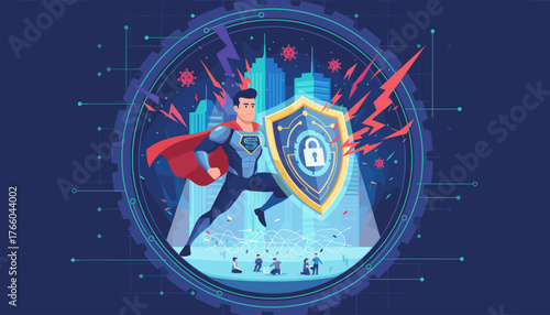 Superhero with a shield protecting a city from viruses and lightning strikes, symbolizing cybersecurity, data protection, and digital safety against threats in a modern technological landscape.