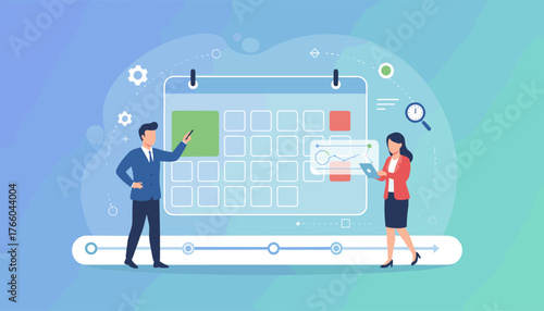 Business professionals planning and scheduling tasks on a large calendar, highlighting teamwork, project management, and appointment setting with data analysis and timeline visualization, conveying