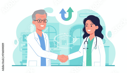Two doctors, one senior man with glasses and a younger woman, shaking hands in a modern medical facility, symbolizing collaboration, partnership, and agreement in healthcare, with abstract upward