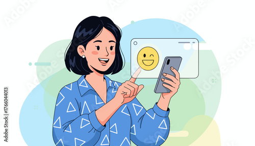 A cheerful Asian woman with short black hair, wearing a blue patterned shirt, is actively engaged with her smartphone, her finger pointing towards a winking emoji displayed on a transparent screen