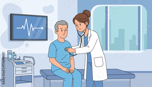 A concerned female doctor in a white coat uses a stethoscope to listen to the chest of an elderly male patient sitting on an examination table, with a monitor displaying a heart rhythm in the