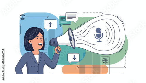 Vivid illustration of a professional woman speaking into a megaphone, projecting her voice and message to communicate dialogue, with speech bubbles, upward and downward arrows, and a microphone icon
