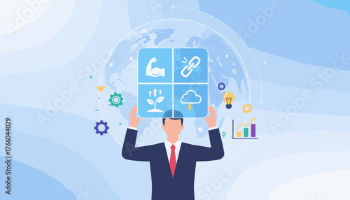 Business strategy concept with a man holding a SWOT analysis icon panel featuring strength, connection, growth, and risk icons against a global network background with charts and gears, representing