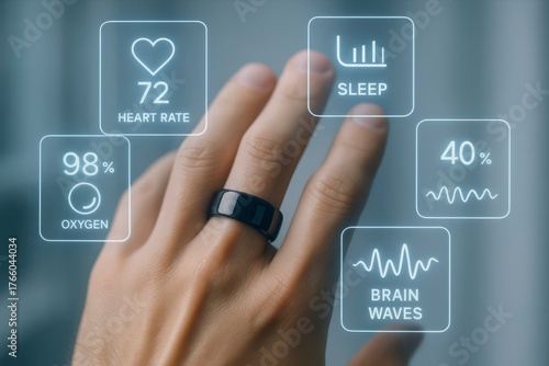 A close-up of a human hand wearing a smart ring. Digital health metrics display heart rate, oxygen level, sleep quality, and brain wave activity.