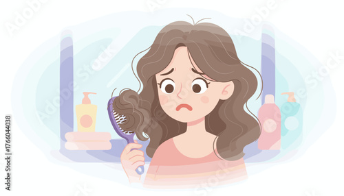 Soft-focus illustration of a distressed young woman looking at a hairbrush filled with fallen hair, symbolizing hair loss and thinning concerns, set against a bathroom background with toiletries