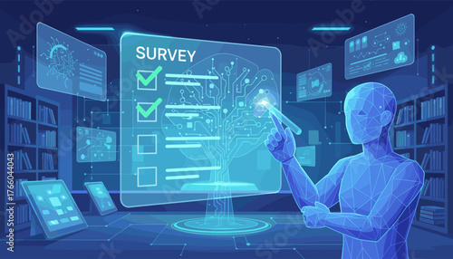 Futuristic digital survey interface with a holographic checklist and a wireframe humanoid interacting with data visualizations, representing modern technology and data collection in a high-tech