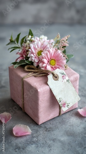 Bright Pink Gift Box Decorated With Flowers on a Gray Surface