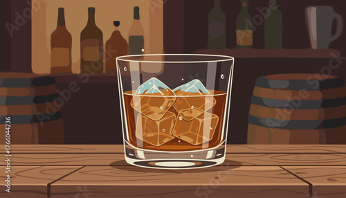 A close-up, vibrant illustration of a glass filled with amber whiskey or bourbon and ice cubes, resting on a rustic wooden table in a dimly lit bar setting with blurred barrels and bottles in the