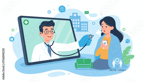 Vivid illustration of a telehealth consultation, featuring a doctor on a tablet using a stethoscope on a patient, symbolizing online medical care and remote healthcare services, with icons