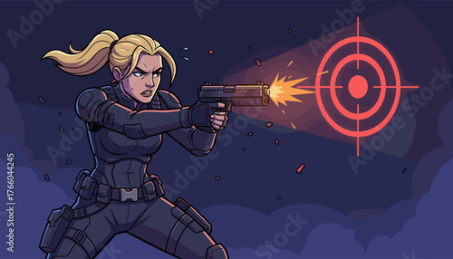 Dynamic cartoon illustration of a determined female operative in tactical gear, aiming a handgun with a muzzle flash towards a red target reticle against a dark, cloudy night sky, conveying action