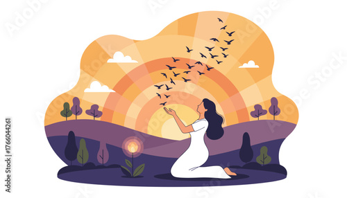 A woman in a white dress kneels in a serene natural landscape at sunset, with her hands outstretched to release a flock of birds into the vibrant, radiating sky, symbolizing freedom, hope, and