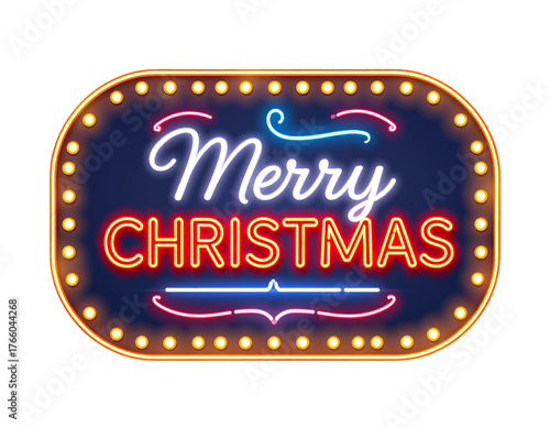  Vintage Neon Merry Christmas Sign with Glowing Bulbs, Retro Typography Vector,