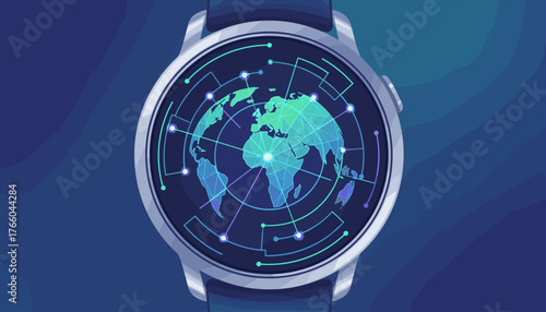 Futuristic smartwatch displaying a vibrant, abstract digital representation of the Earth's global network connection, symbolizing technology, data, and interconnectedness in a modern, sleek design
