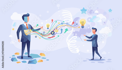 Abstract illustration of two businessmen exchanging colorful streams of ideas and inspiration, symbolized by lightbulbs, gears, and arrows, representing collaboration, innovation, and business growth