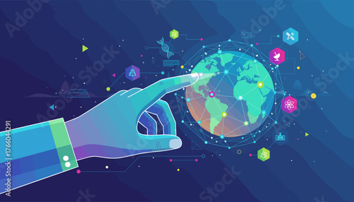 Abstract digital illustration of a stylized blue hand reaching out and touching a glowing, interconnected globe, symbolizing global network connectivity, technology, and data transfer in a