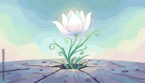 A radiant white lotus flower, symbolizing purity and rebirth, emerges triumphantly from a cracked, barren ground under a soft pastel sky, representing hope and resilience in adversity.