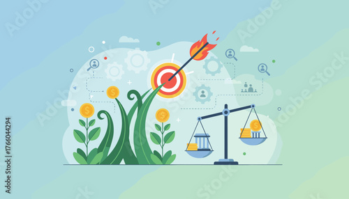 Vibrant illustration depicting a flaming arrow hitting a target, symbolizing achieving success and long-term investment goals, with growing money plants and a balance scale representing financial