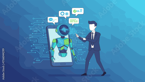 Futuristic AI chatbot concept with a businessman interacting with a robot emerging from a smartphone, surrounded by digital circuits and communication bubbles, representing artificial intelligence