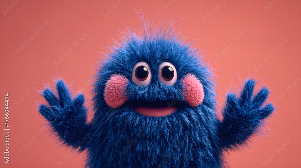 Obraz premium Cute blue fluffy monster with big eyes and pink cheeks. Funny animation creature for kid product decoration or cheerful design.