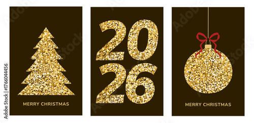 Merry Christmas and Happy New Year 2026 greeting cards on a dark background with glitter gold Christmas trees, a toy,  holiday wishes. Vector designs for invitations, web, banners,marketing materials.