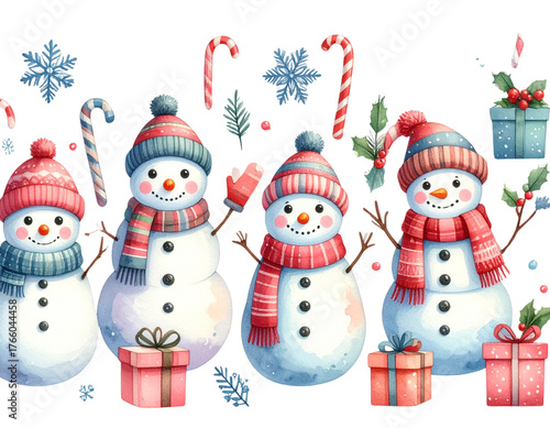 Rustic Snowman Family with Woodland Decor — Hand-Painted Christmas PNG Elements,And transparent the background.