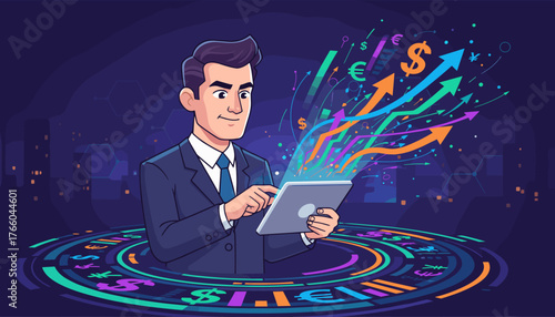 Dynamic illustration of a businessman in a suit using a tablet at night, with glowing financial charts and currency symbols like dollars, euros, and yen erupting from the screen, symbolizing growth