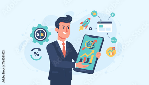 Dynamic businessman analyzing SEO search results on a smartphone, surrounded by icons representing growth, traffic, and strategy, symbolizing digital marketing success and business development in a