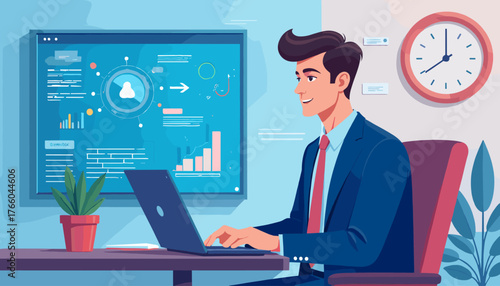 Dynamic illustration of a smiling businessman in a sharp blue suit and red tie, focused on his laptop, with an AI-powered data visualization dashboard displayed on a large screen behind him