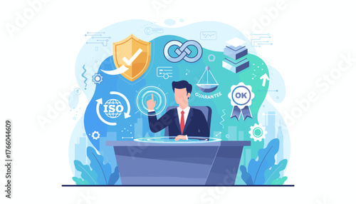 Businessman interacting with a futuristic interface displaying symbols of quality assurance, ISO certification, guarantee, and top service, representing business excellence and digital transformation