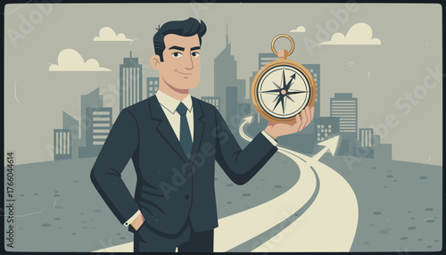 A determined businessman in a dark suit confidently holds a golden compass in his hand, symbolizing guidance and direction, with a stylized cityscape and a winding road representing a journey or