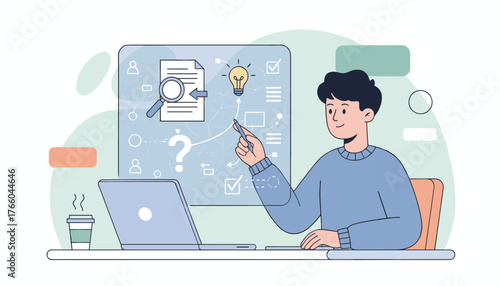Modern flat illustration of a young man using a laptop and pointing at a digital board with a magnifying glass, document, lightbulb, and question mark, representing education, case study, and