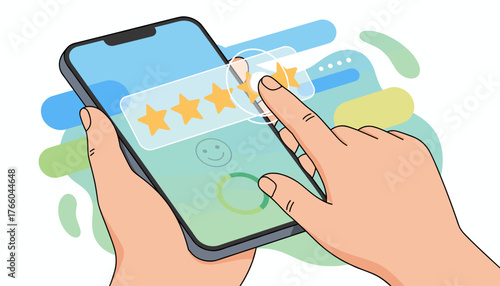Close-up of a woman's hand interacting with a smartphone, rating a service with stars, representing customer feedback and online reviews in a modern digital interface, highlighting user experience
