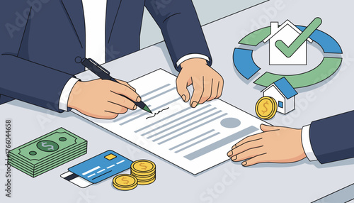 Close-up of hands signing a business contract on a table with money, credit card, coins, and a graphic representing real estate investment and approval, symbolizing financial agreement and