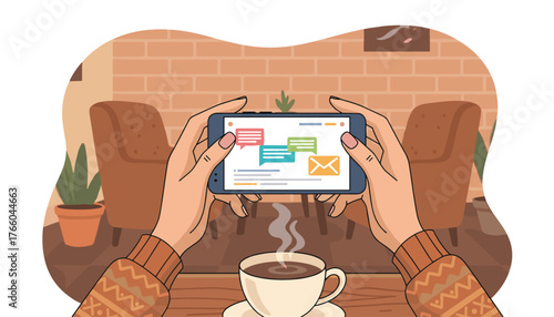 Close-up of a woman's hands holding a smartphone horizontally, displaying a chat interface with colorful message bubbles and an envelope icon, while a steaming cup of coffee sits in the foreground