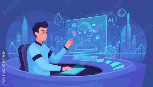 Futuristic man interacting with an advanced AI interface displaying a digital human head and complex data visualizations, set against a vibrant blue cityscape with bridges and skyscrapers