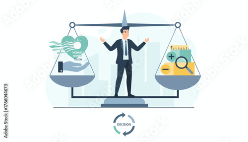 Conceptual illustration of a businessman standing on a scale, weighing integrity, honesty, and truth against data, analysis, and decision-making, symbolizing the complex process of making choices and