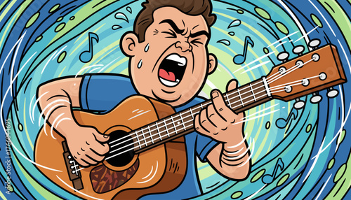 Energetic male guitarist passionately singing and playing an acoustic guitar with intense facial expression, surrounded by swirling blue and green abstract musical notes and sound waves, capturing