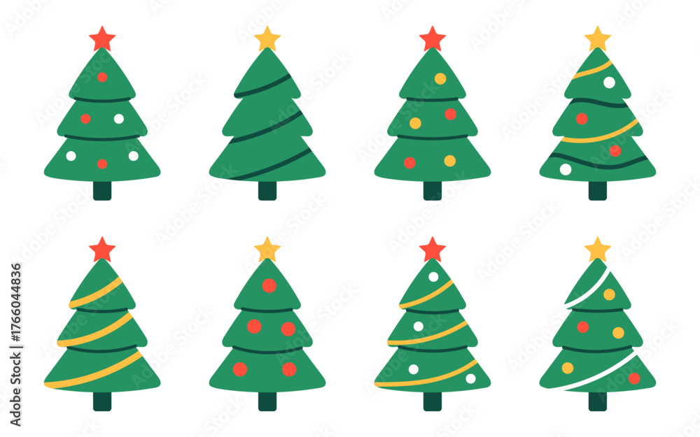 Obraz premium Vector set of cute green Christmas trees with stars on top, ornaments, garlands, and decorations, balls. New year illustration for holiday cards, festive decor, winter celebration.