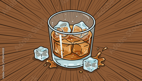 A refreshing glass of amber whiskey filled with ice cubes, placed on a rustic wooden surface with spilled liquid and scattered ice cubes, creating a vibrant and inviting scene for beverage and