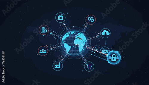 Global business network structure and customer data security concept, illustrating interconnected digital services, financial institutions, industry, cloud computing, and e-commerce with a focus on