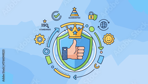 Conceptual illustration of top service quality and ISO standards, featuring a hand giving a thumbs-up gesture inside a shield with a crown, surrounded by icons representing guarantee, security