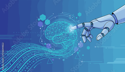 Futuristic robotic hand with intricate mechanical fingers gently touching a glowing, wireframe digital brain, symbolizing artificial intelligence, data processing, and the convergence of technology