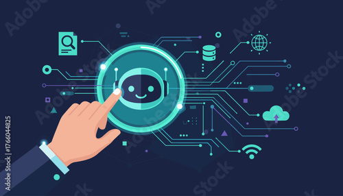 Close-up of a human hand in a suit jacket touching a glowing digital chatbot icon, symbolizing interaction with artificial intelligence and technology, set against a dark blue background with circuit